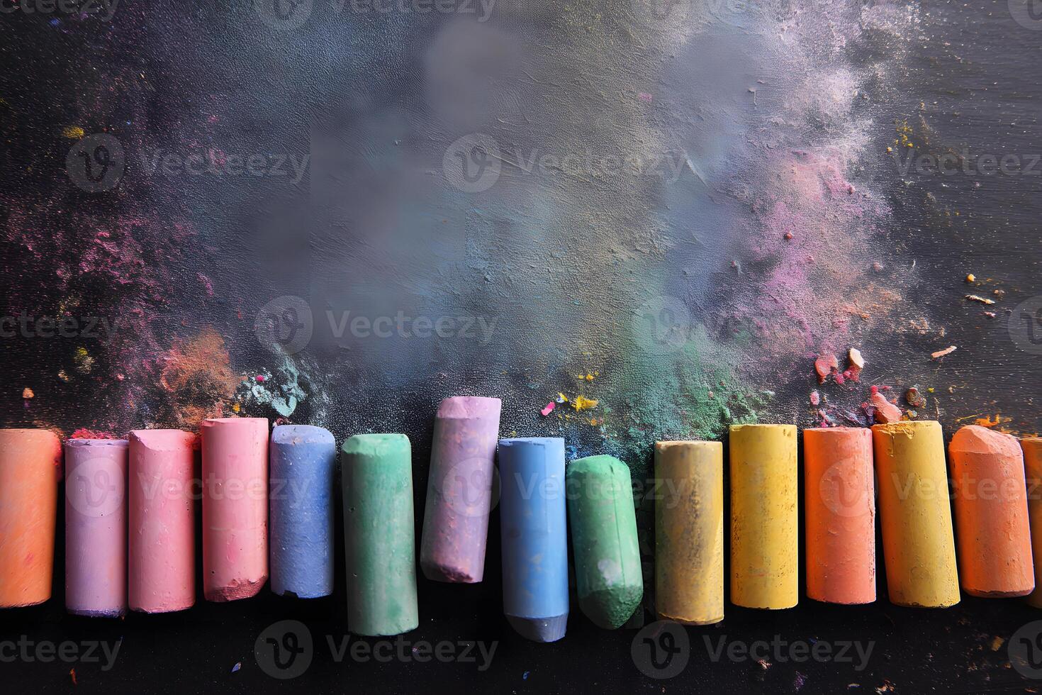 Black chalkboard decorated with multiple chalk pieces arranged at base symbolizing education and creativity photo