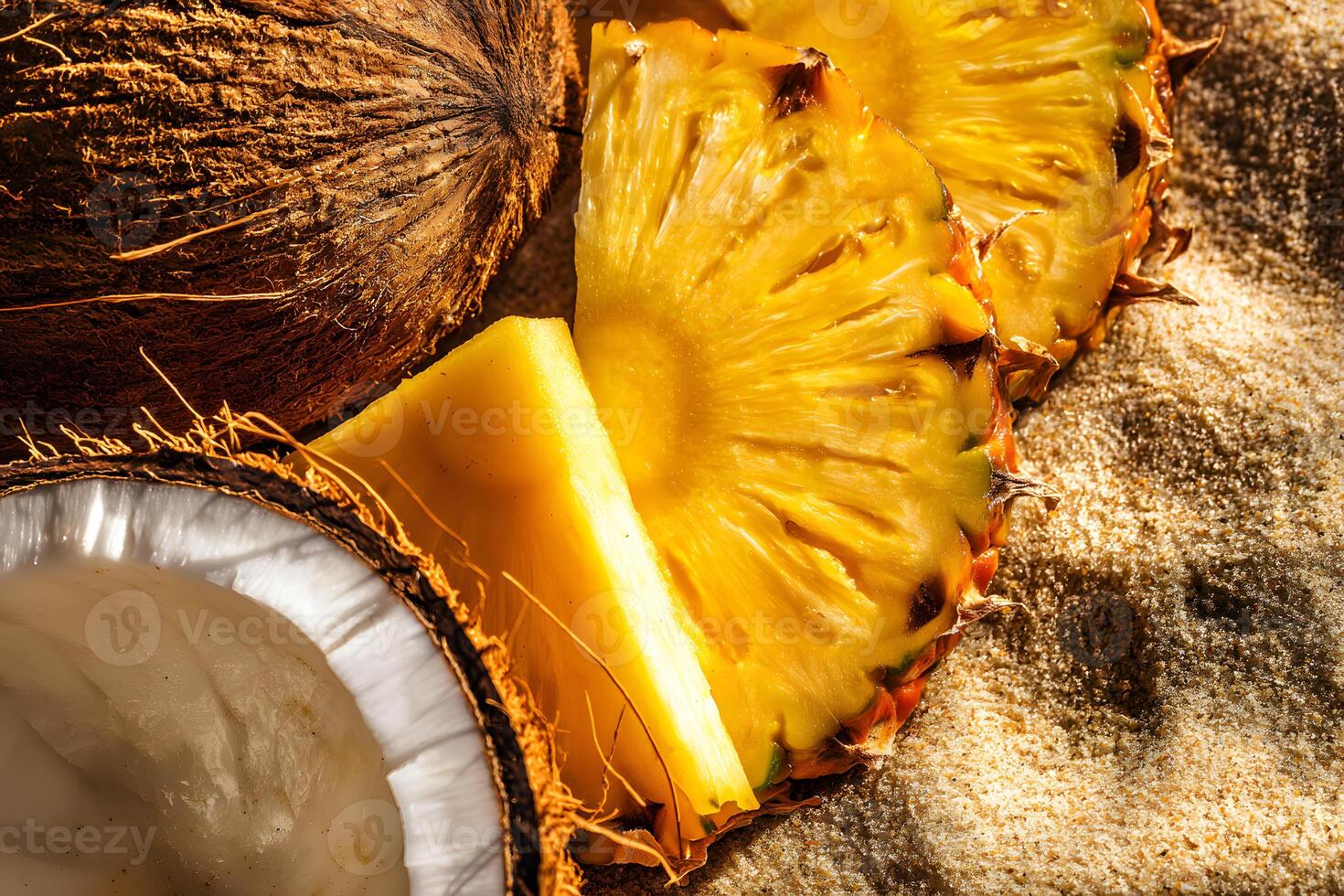 Refreshing pineapple slices and a cracked coconut positioned on a textured sandy beach mat. photo
