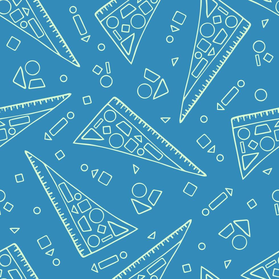 Seamless pattern with hand drawn doodle triangular ruler with geometric shapes inside. vector