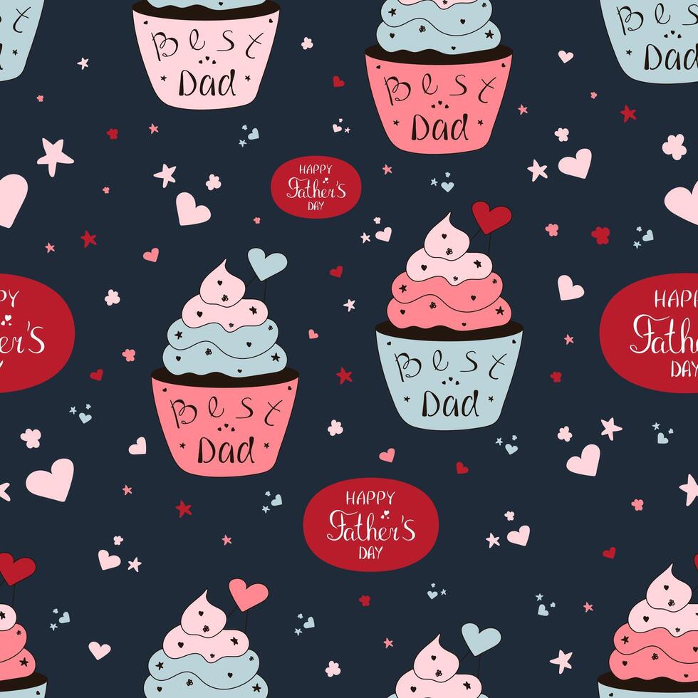 Seamless Pattern with cute cupcake for Father's Day. Hand drawn doodle cupcake with cream and heart and stars shapes sprinkles. vector