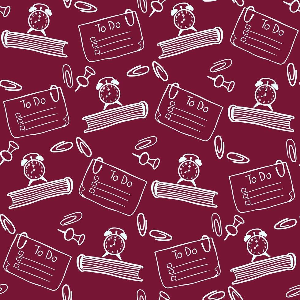 Seamless pattern with hand drawn doodle sticky notes with paper clip, pins, To-do list, analogue retro alarm clock with dial, clock face on a book. vector