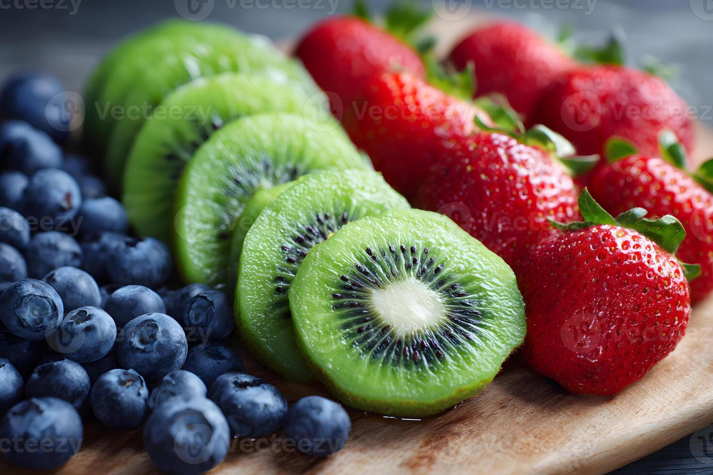 Vibrant display of sliced green kiwis, fresh blueberries, and juicy strawberries arranged beautifully on a plate. photo