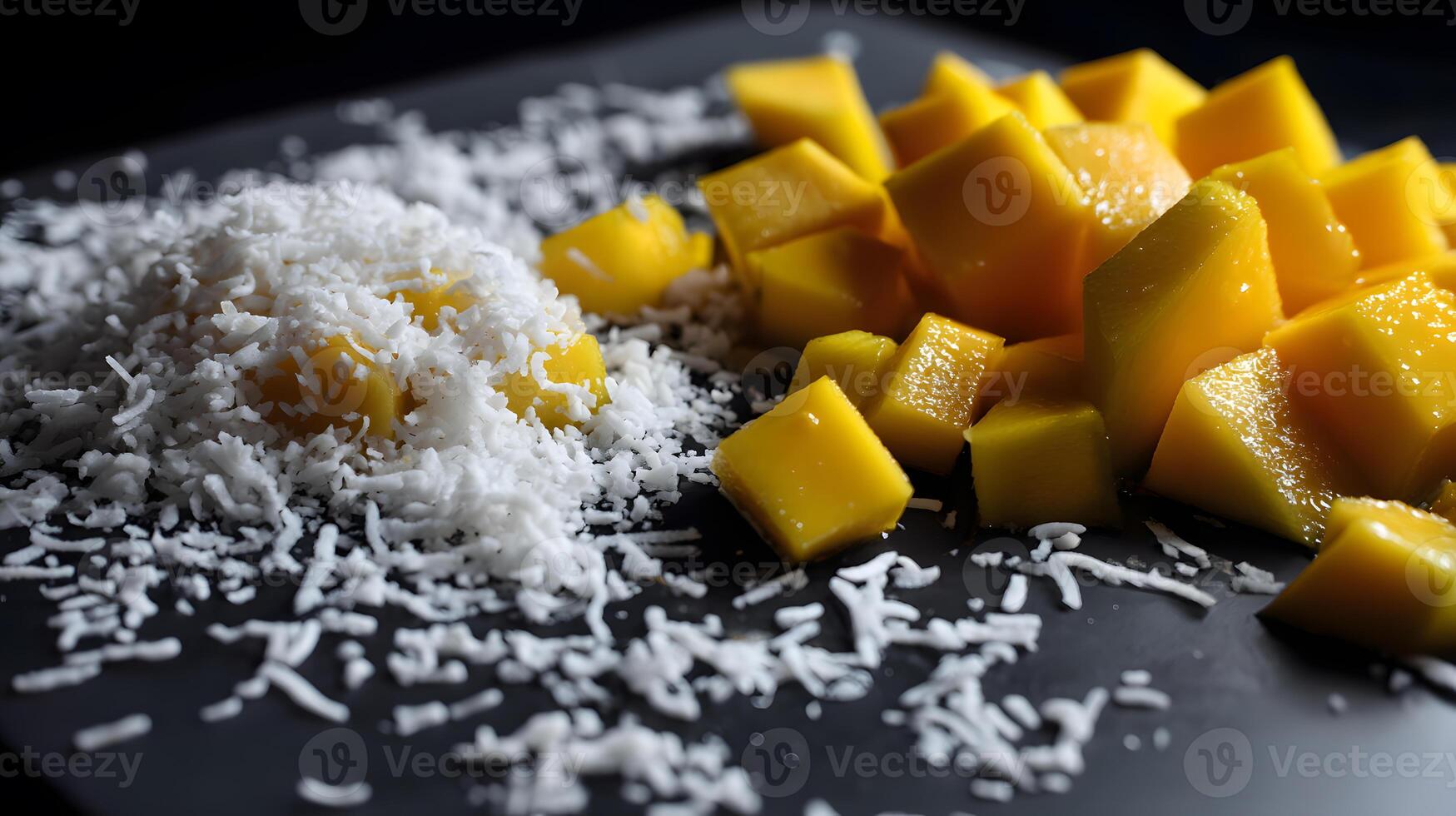 Diced mango pieces elegantly arranged on a dark slate plate and topped with generous coconut shavings. photo