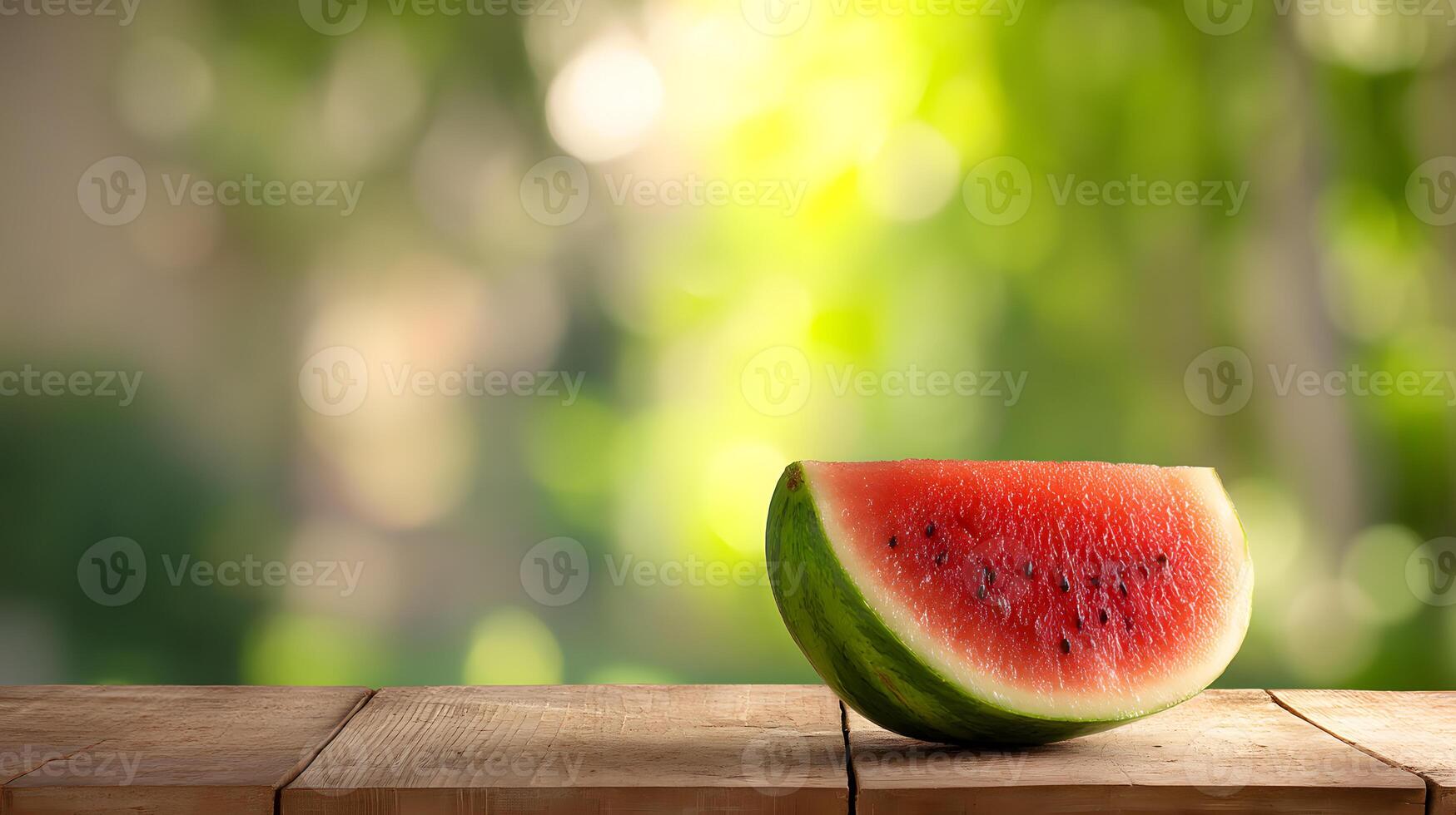 Refreshing watermelon slice resting on a rustic wooden table with a sunny summer scene. photo