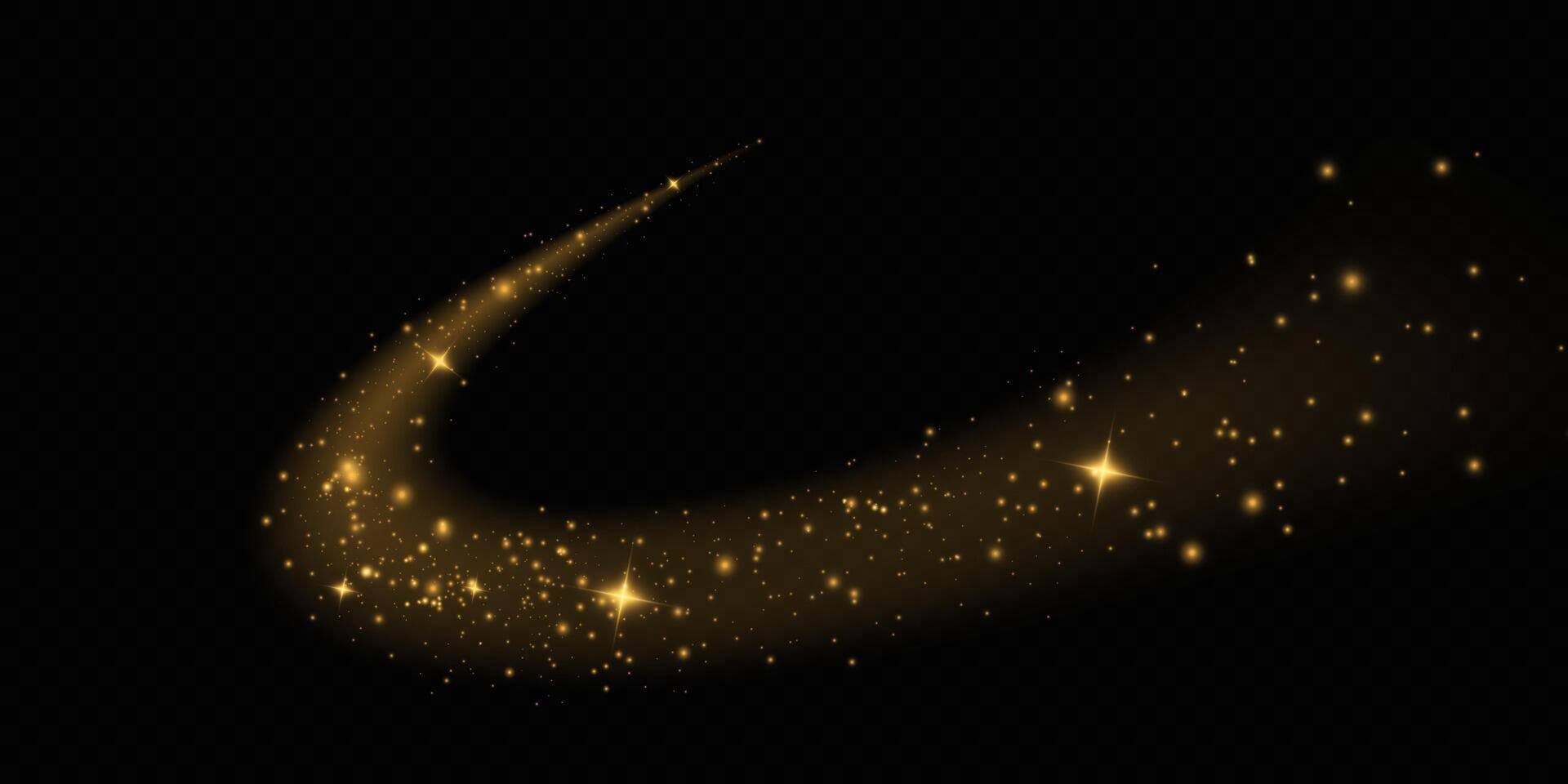 Golden Glittering Comet Trail adorned with Sparkles against a deep Black Background, truly mesmerizing and captivating vector