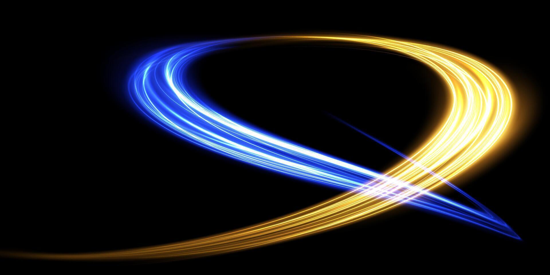 Abstract Light Trails in Vibrant Blue and Bright Yellow on a Striking Black Background for Eye Catching Appeal vector