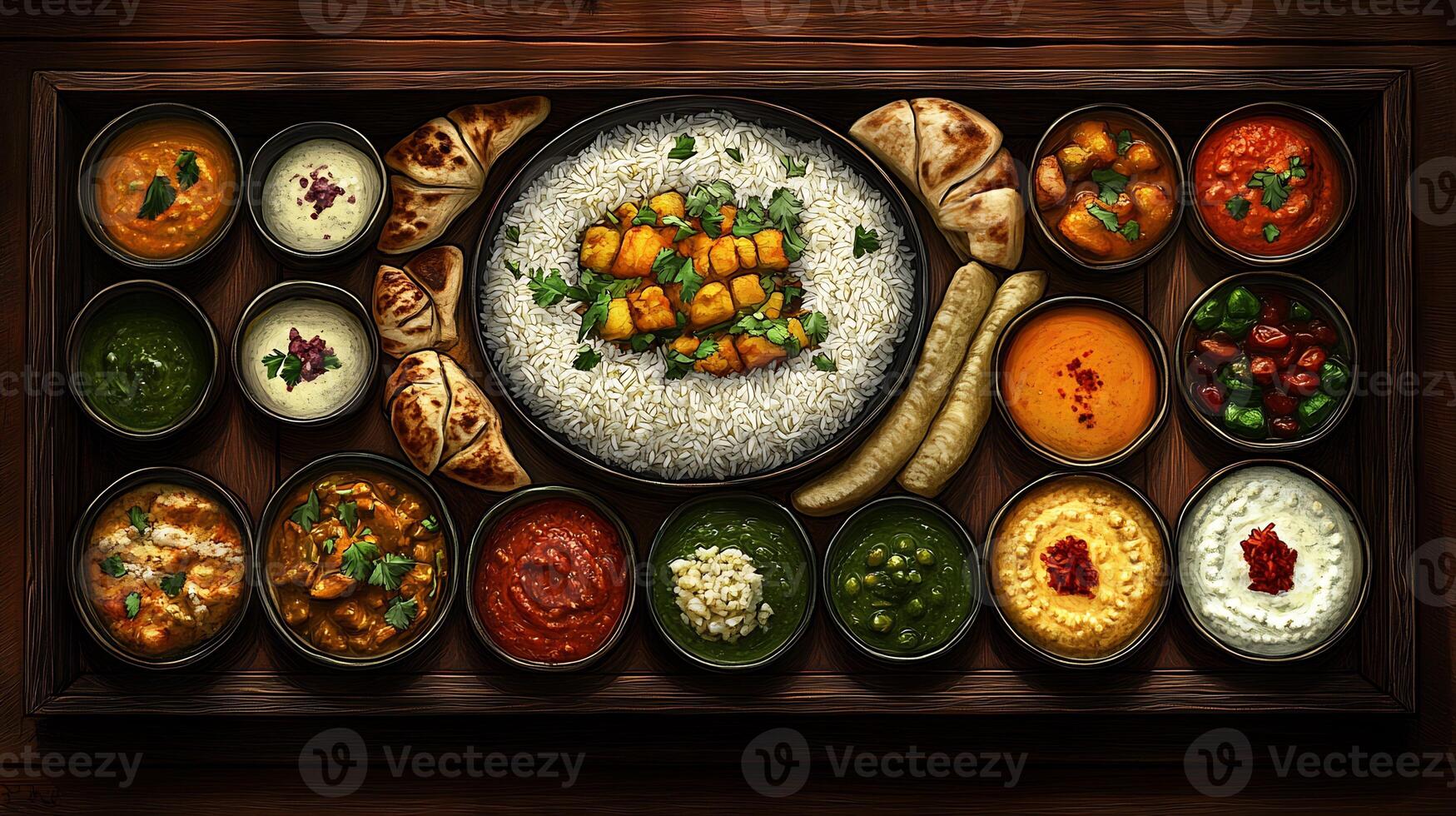 Colorful Thali Feast Assorted Curries and Breads Galore photo