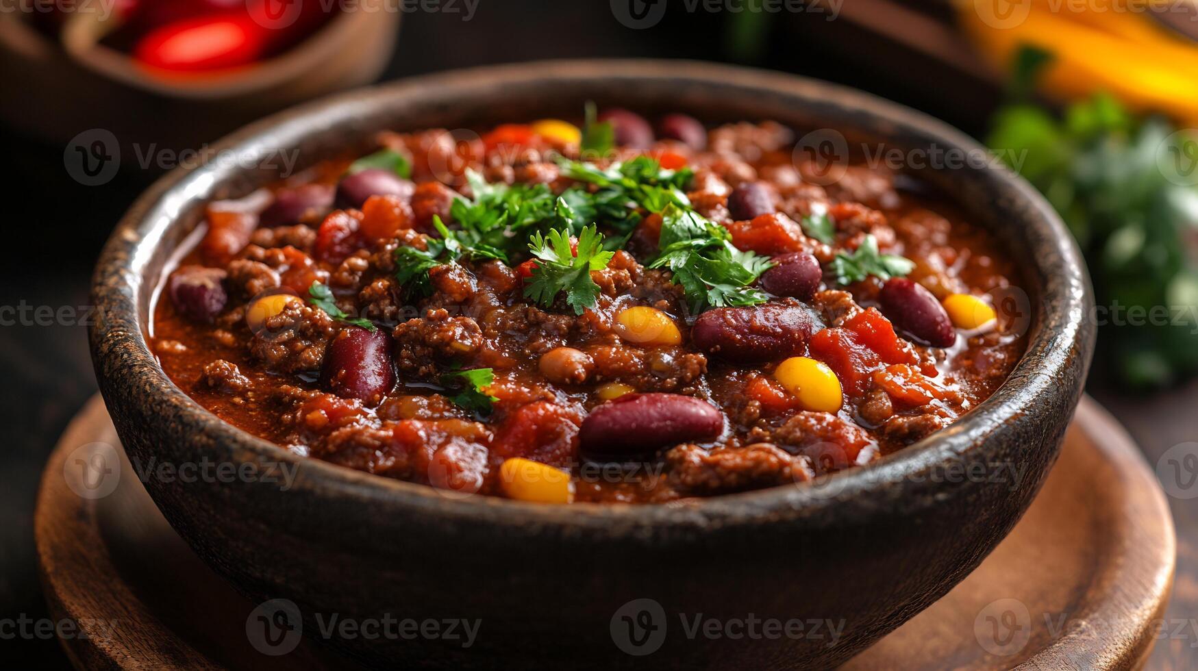 Beef Chili Bowl Tender Meat, Beans and Spicy Kick Hearty American Comfort Food in Gourmet Photography photo