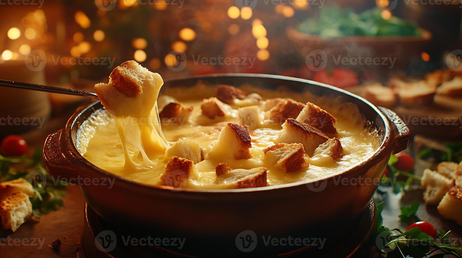 Swiss Cheese Fondue with Fresh Bread Cubes Gourmet Food Photography Scene, photo