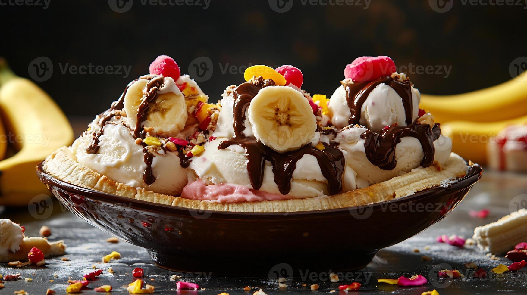 Banana Split Indulgence Ice Cream, Fresh Fruit and Vibrant Toppings Playful American Dessert Photography photo