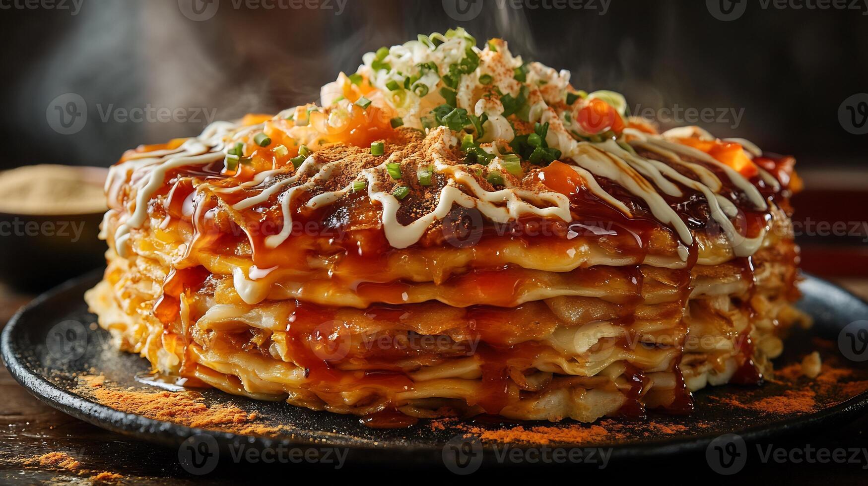 Okonomiyaki Savory Pancake Layered Toppings and Vibrant Flavors Japanese Street Food in Dynamic High Res Art photo