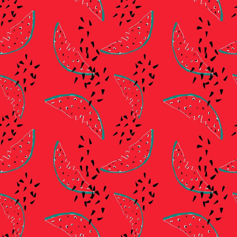 Summer watermelon trendy seamless pattern in childish doodle style, hand drawn in trendy colors. Watermelon, watermelon seeds, smiley, textures on red background vector