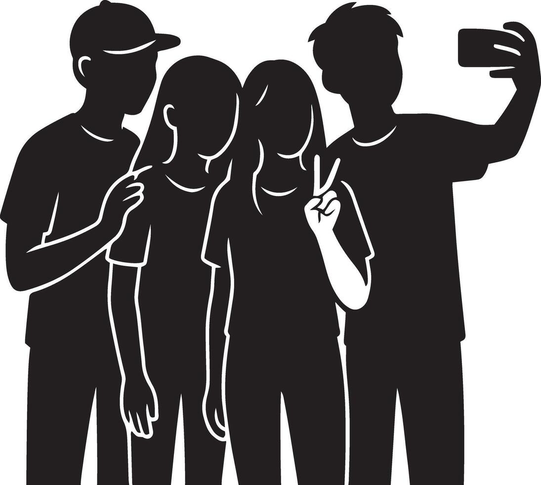 Teenagers taking selfie together in casual black silhouette design for fun youth illustration vector