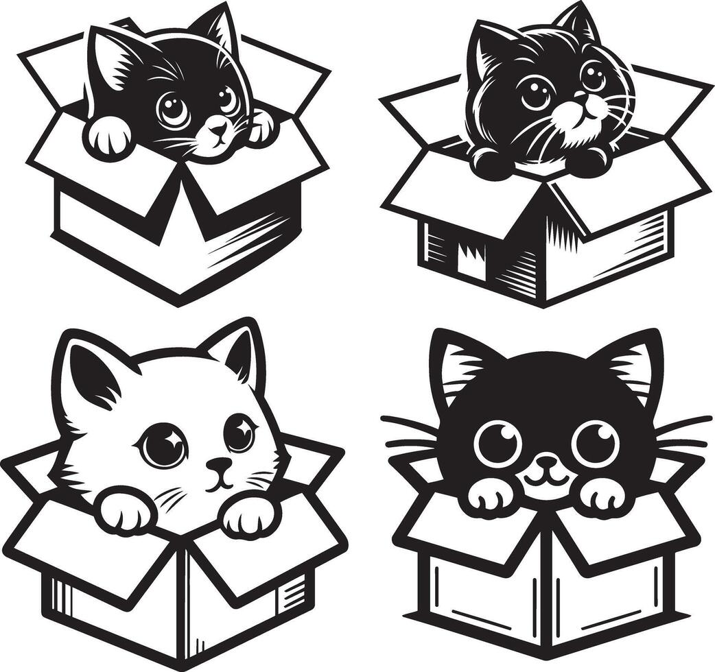 Cat Peeking From Box Outline Set in simple silhouette illustration for hiding pet bundle vector