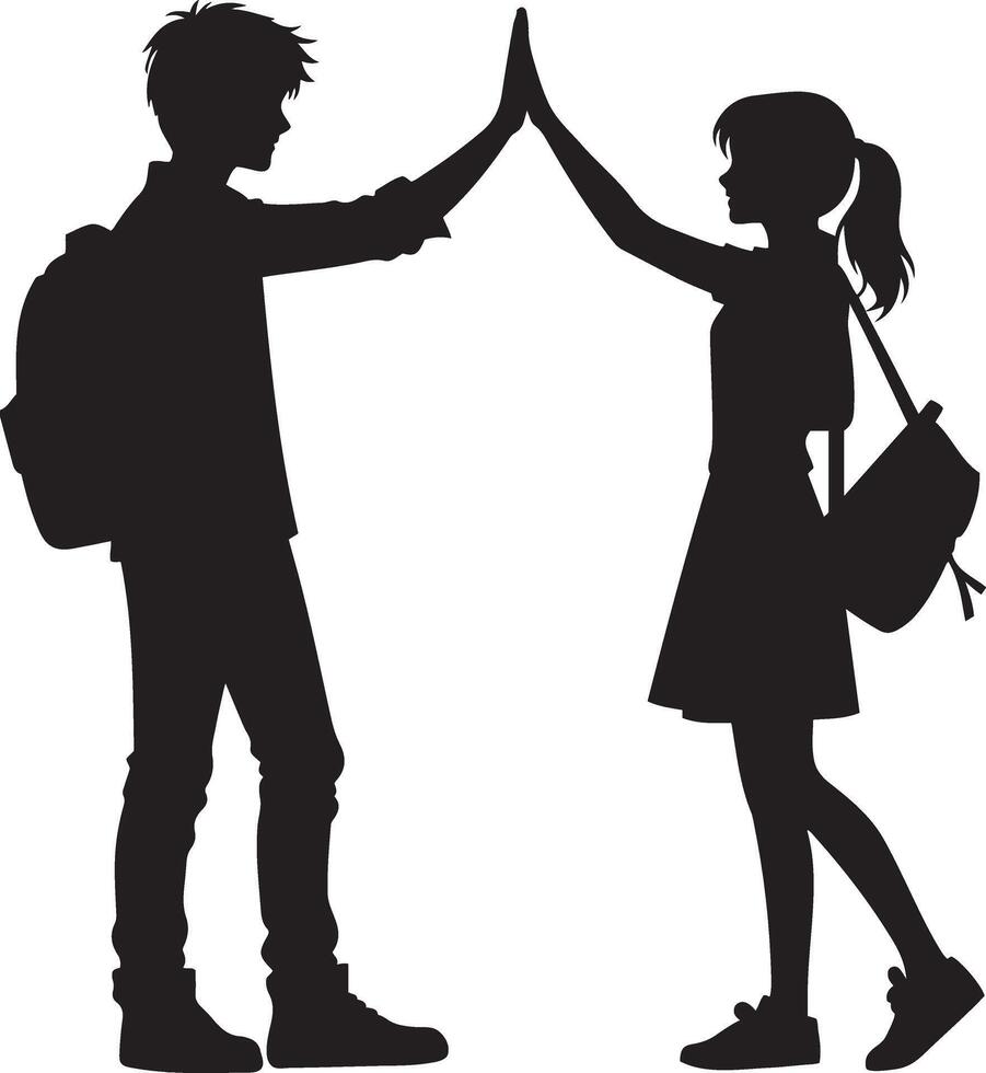 Boy and girl giving high five in flat black silhouette design illustration for youth concept art vector