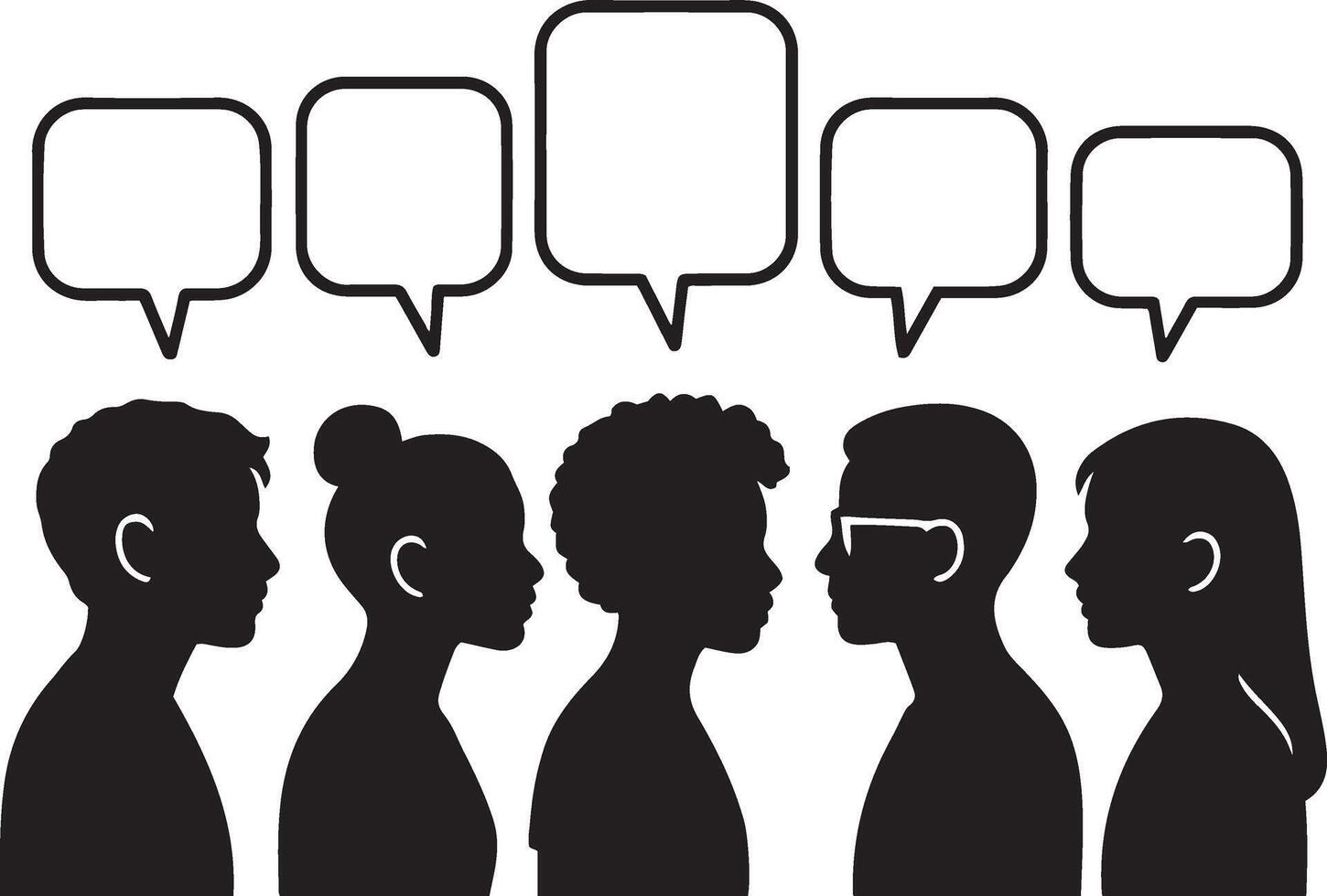 Diverse youth group with speech bubbles in black silhouette design and communication illustration vector