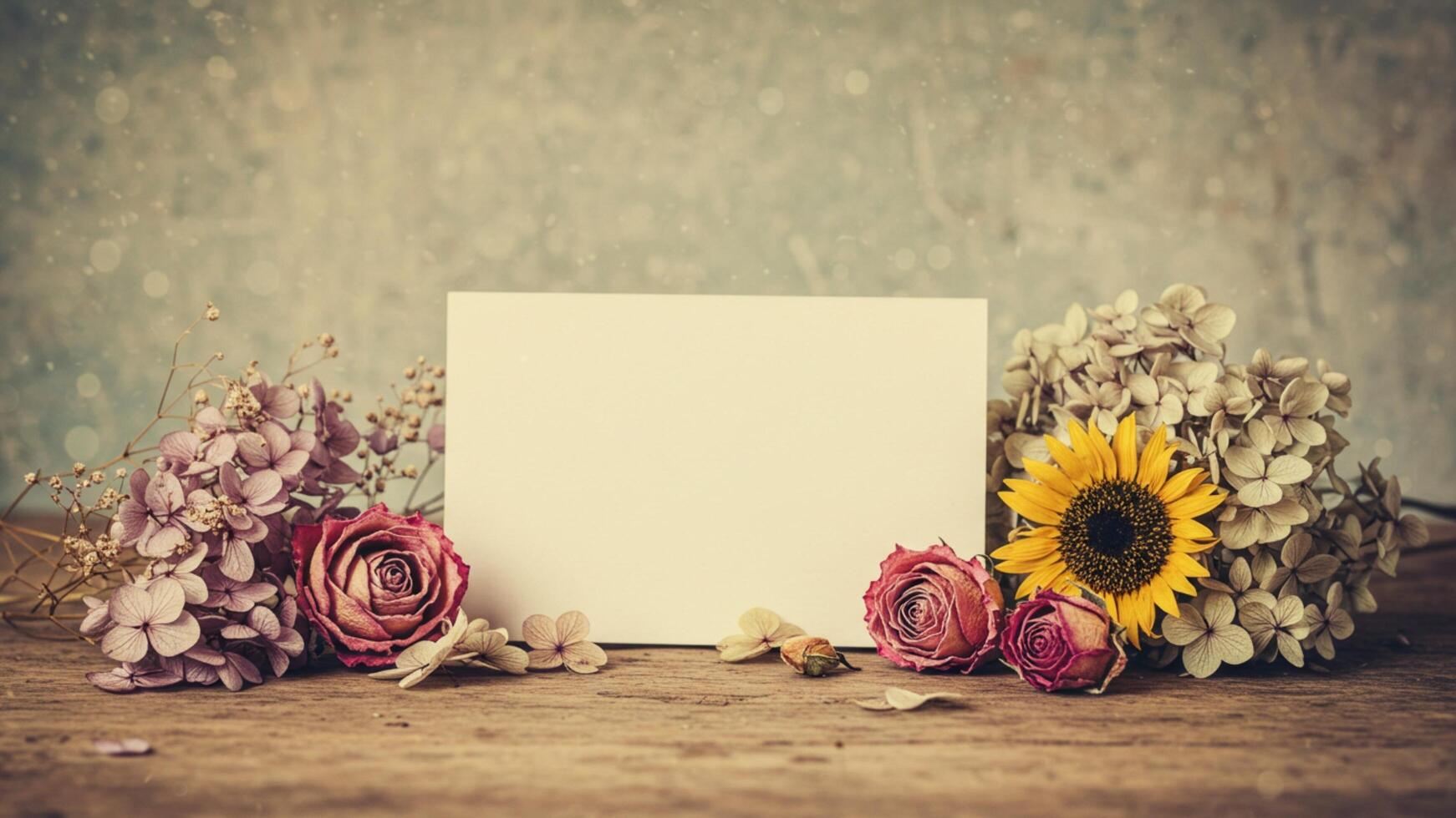 Blank note on wooden table with decorate dry flower set for copy space. great for bloggers or product mockups. photo