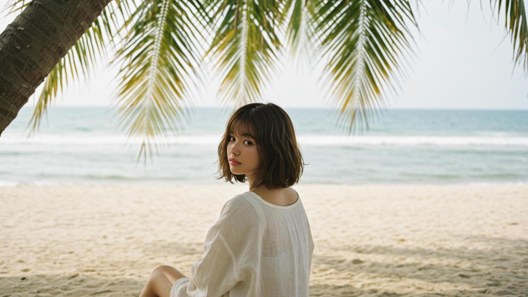 Bob hairstyle. Peaceful beach scene with woman in bob haircut relaxing under palm shadow, perfect for wellness and vacation ads. photo