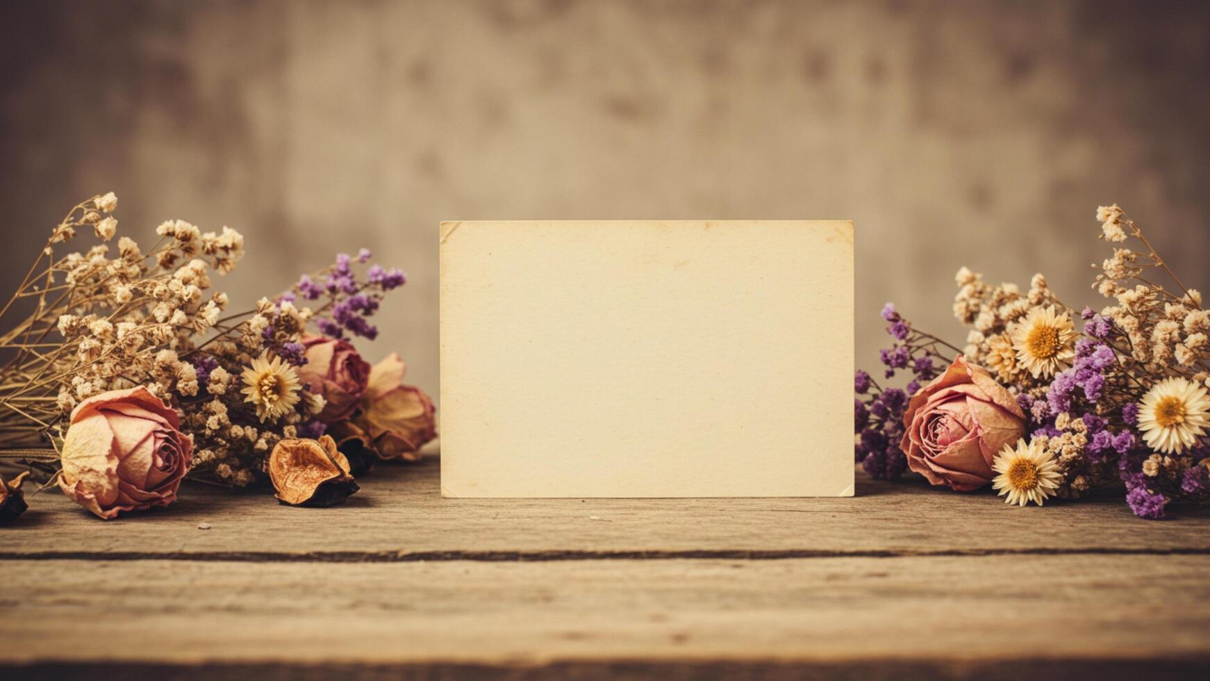 Blank note on wooden table with decorate dry flower set for copy space. perfect for greeting cards or creative templates. photo