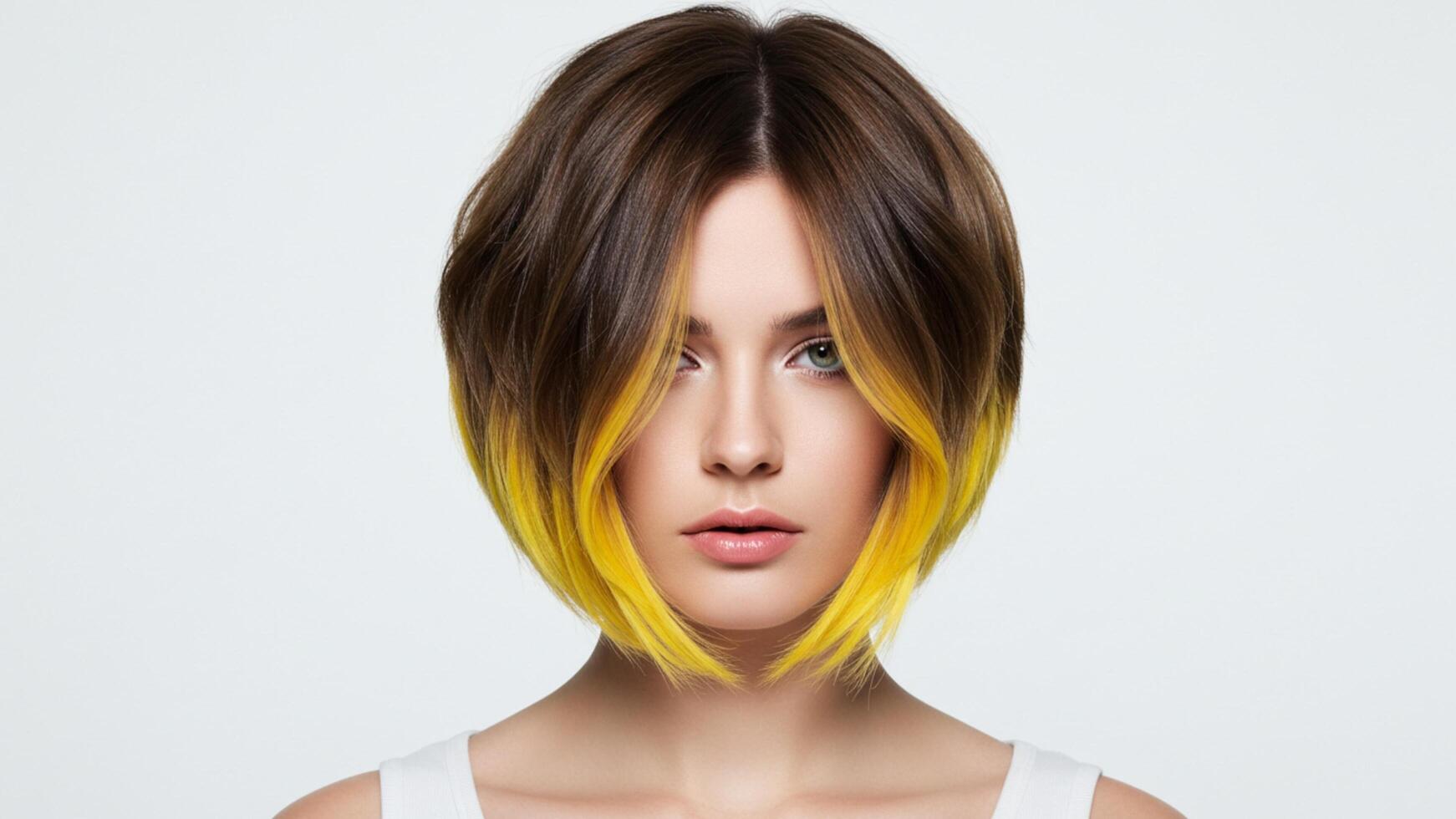 Bob hairstyle. Stylish woman with bright ombre bob hairstyle on clean background, perfect for beauty or fashion ads. photo