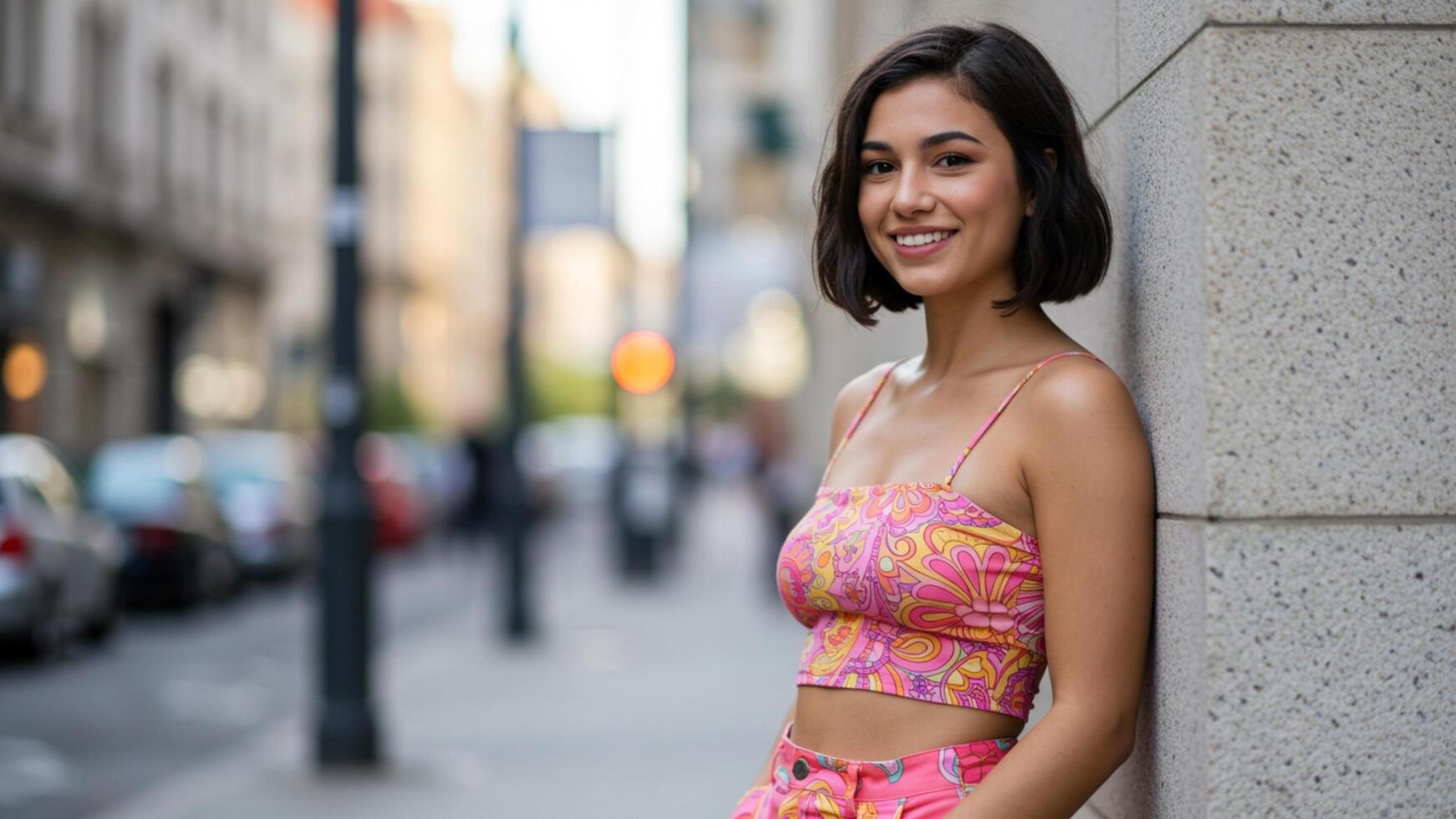 Bob hairstyle. Modern woman in bob hairstyle, mini skirt, and midriff shirt posing with urban blur, great for digital ads and influencer promos. photo