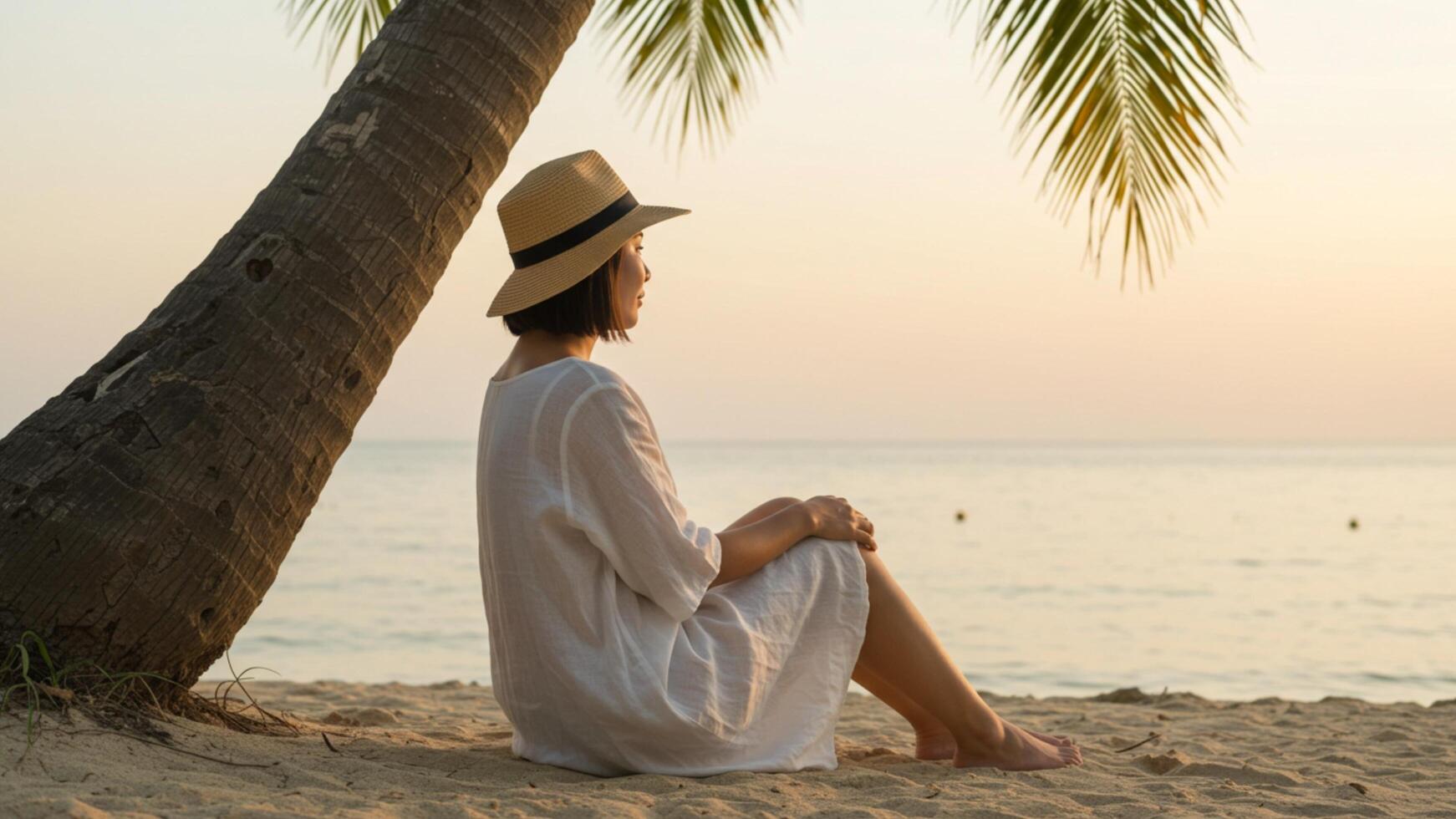 Bob hairstyle. Woman with bob hairstyle sitting under coconut tree shade on tropical beach, ideal for travel websites or summer blogs. photo