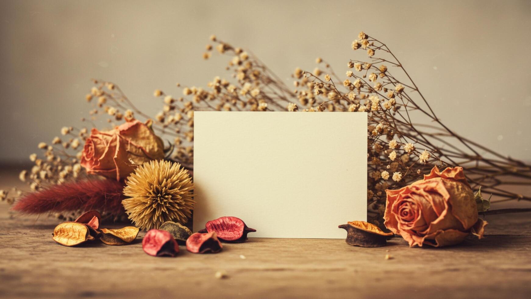 Blank note on wooden table with decorate dry flower set for copy space. perfect for planners, mood boards, or portfolio design. photo