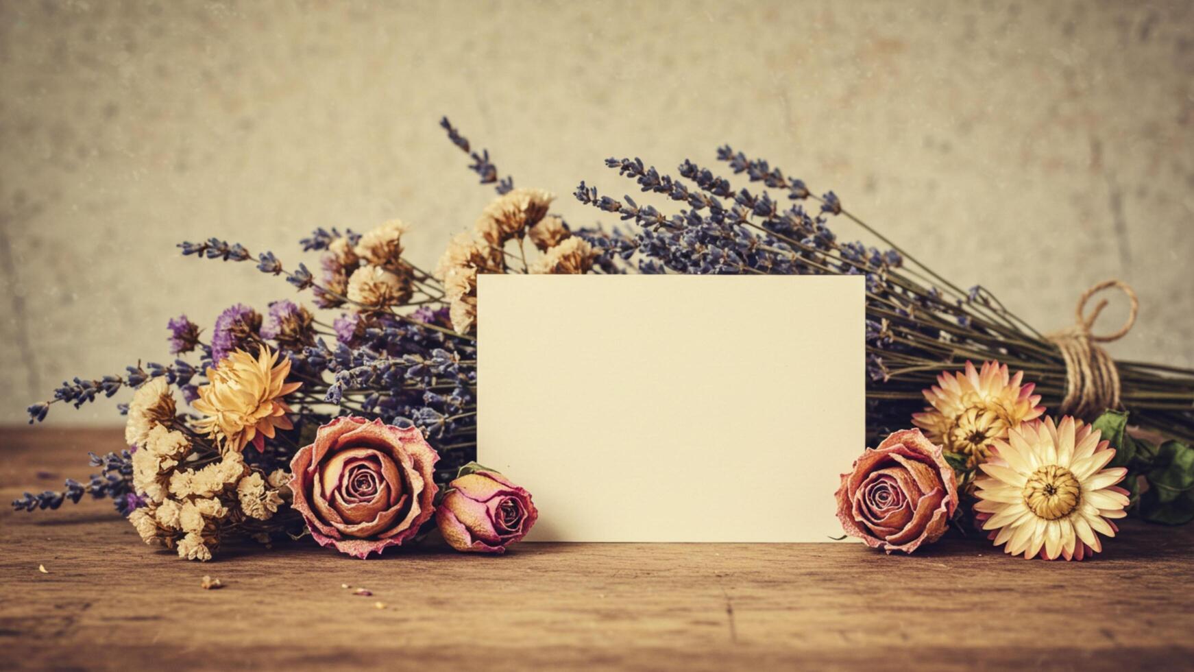Blank note on wooden table with decorate dry flower set for copy space. ideal for DIY invites or romantic messages. photo
