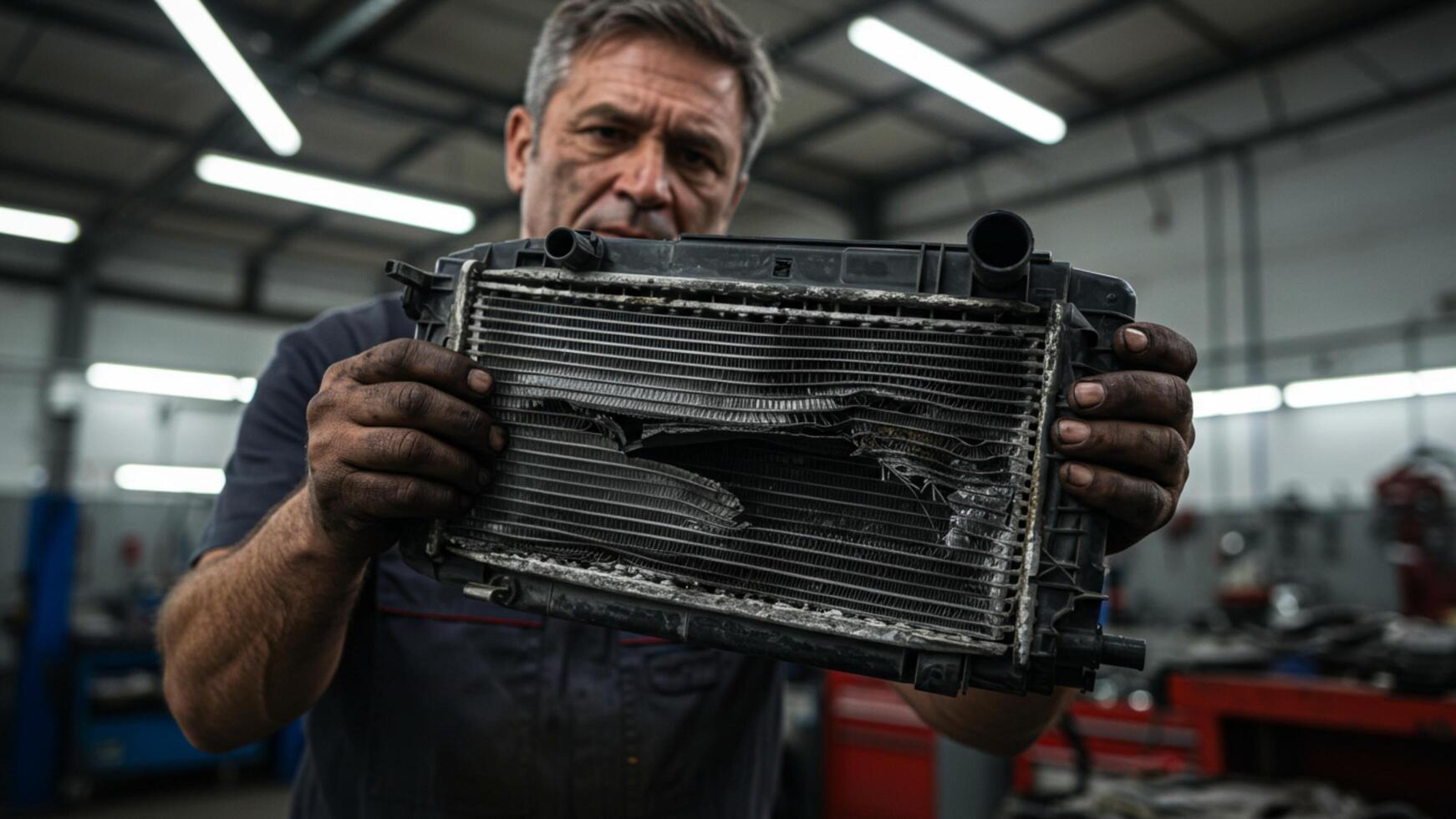 Old leaky car radiator. Dirty and leaking radiator close-up held by mechanic, suitable for car repair tutorials or guides. photo