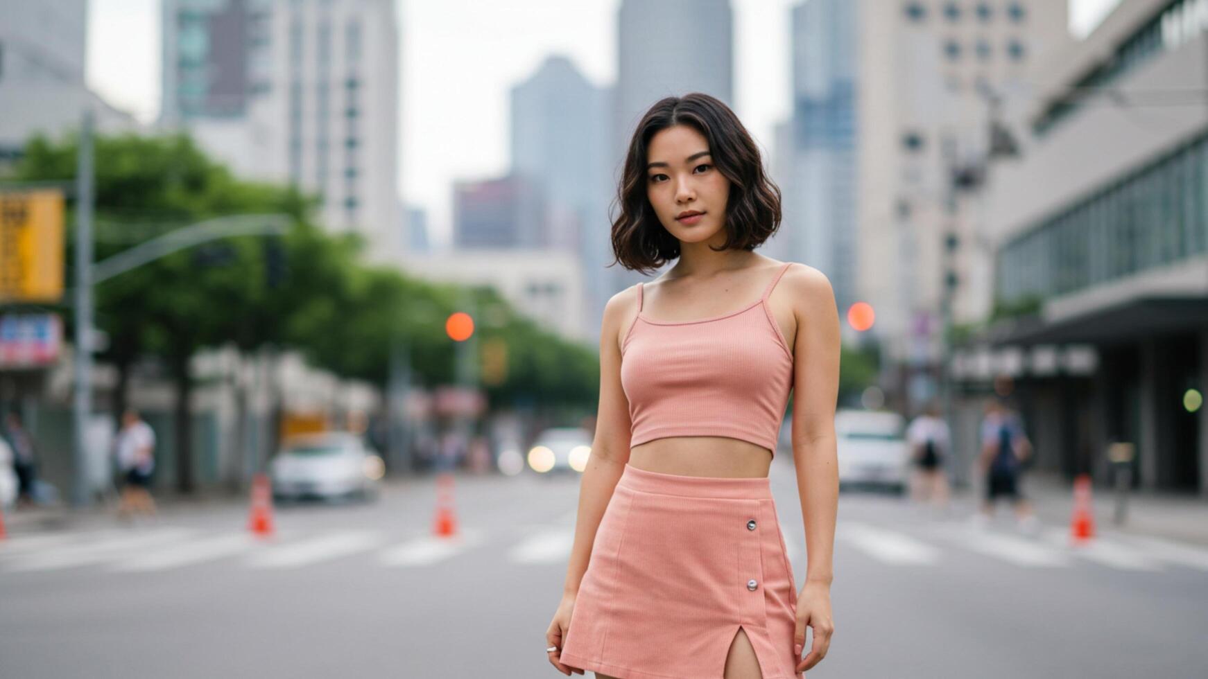 Bob hairstyle. Stylish asian woman with bob haircut in mini skirt and crop top, city blurred behind, ideal for fashion blogs or streetwear lookbooks. photo