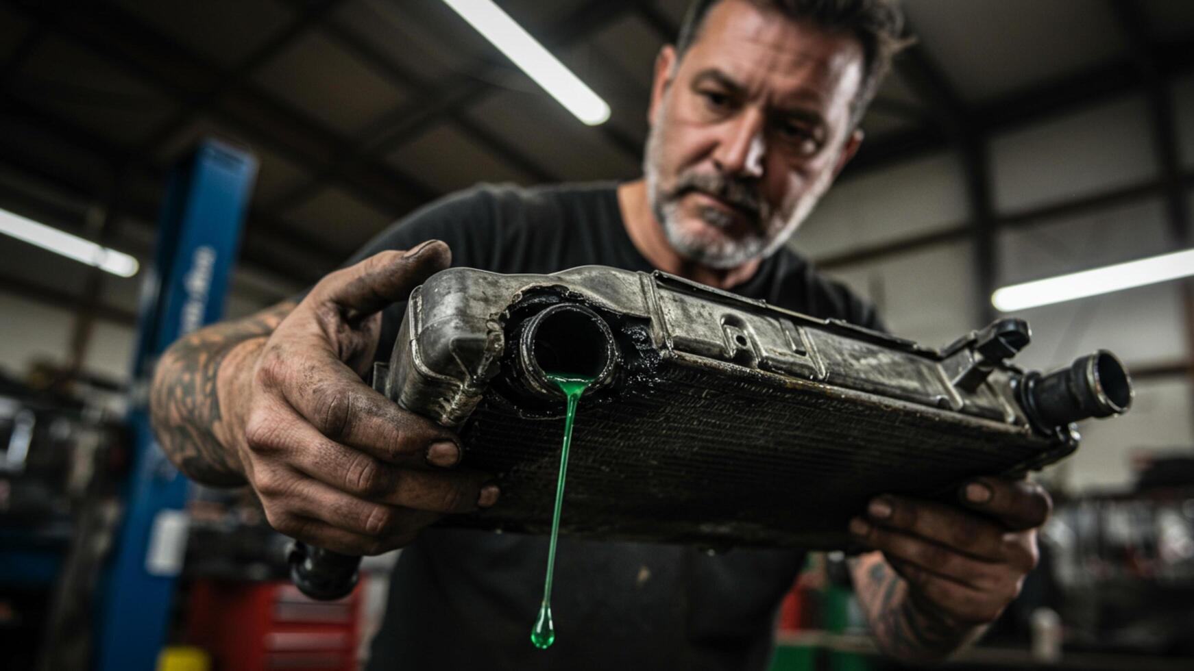 Old leaky car radiator. Used radiator dripping fluid in mechanic's hands, ideal for illustrating cooling system issues. photo