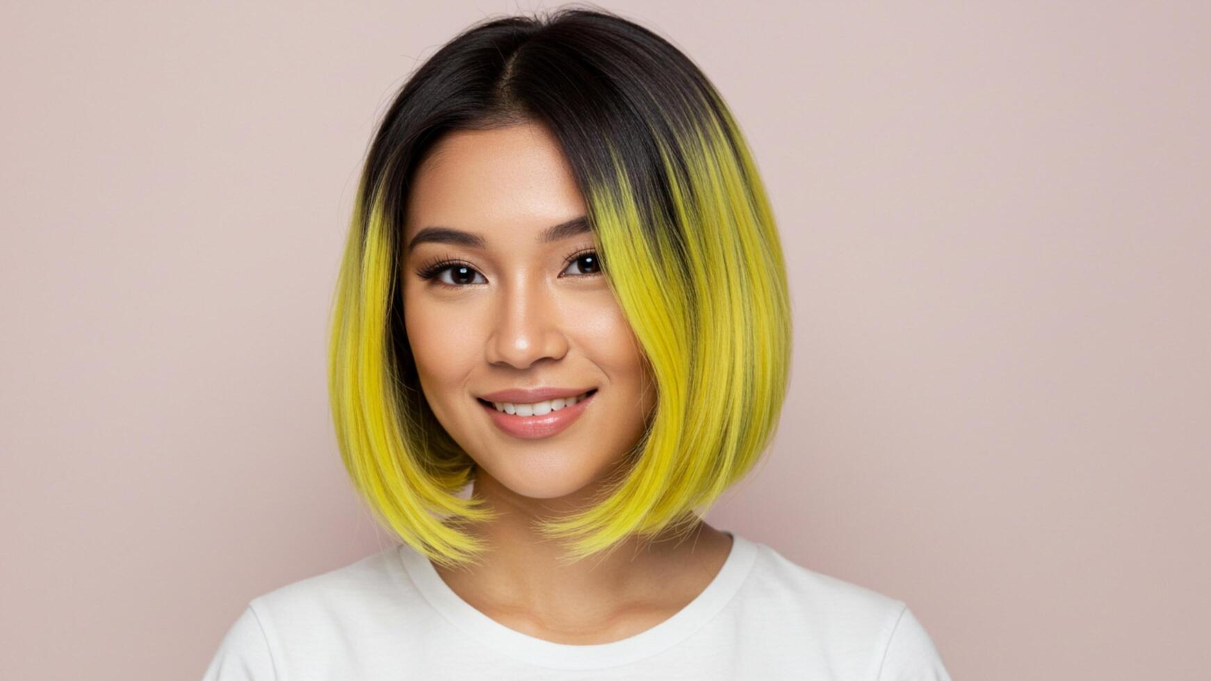 Bob hairstyle. Asian woman with trendy short ombre hair in sleek bob style, perfect for editorial or fashion lookbooks. photo