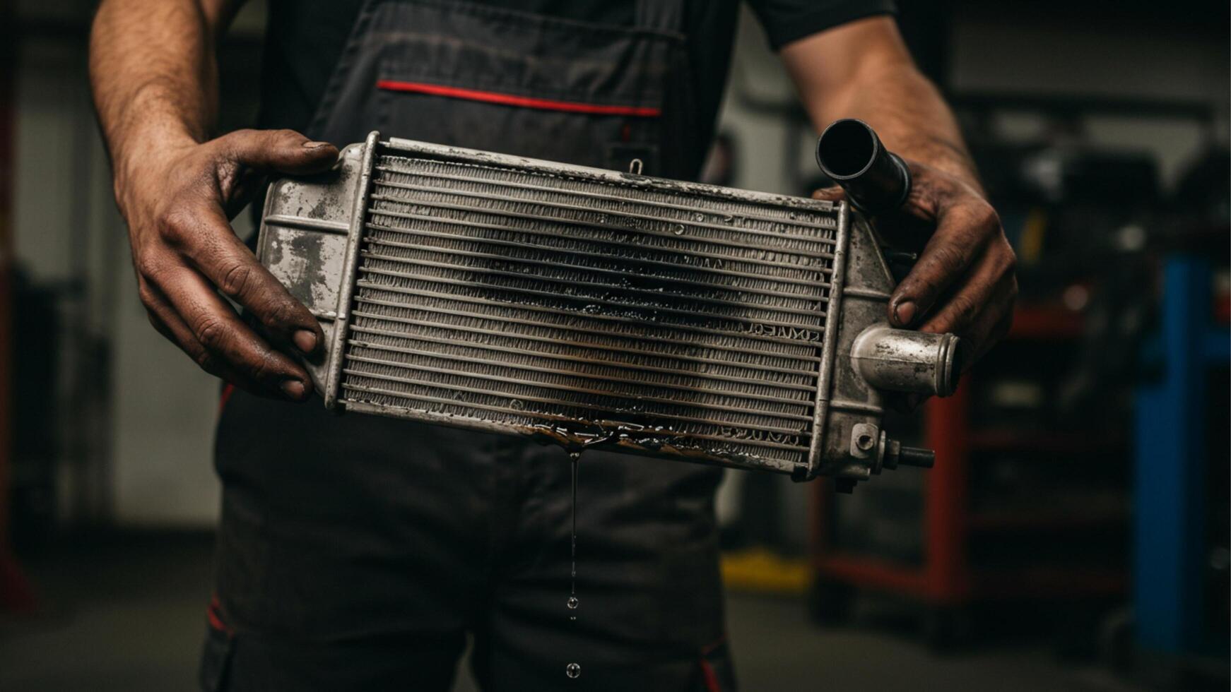 Old leaky car radiator. Close-up of mechanic holding damaged car radiator, ideal for automotive repair or maintenance blogs. photo