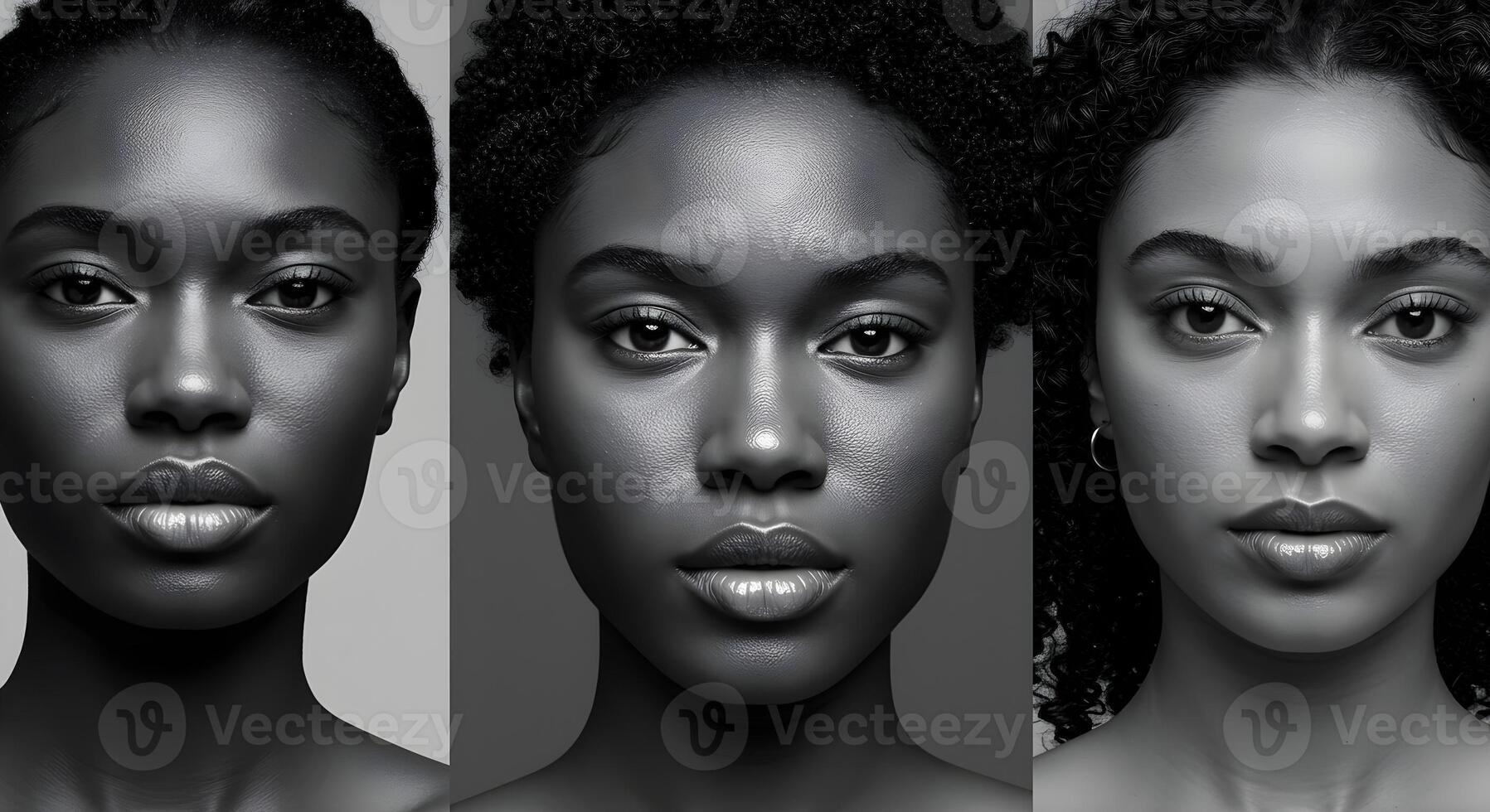 Diverse beauty showcased through three striking monochrome portraits of women with unique hairstyles and expressions photo