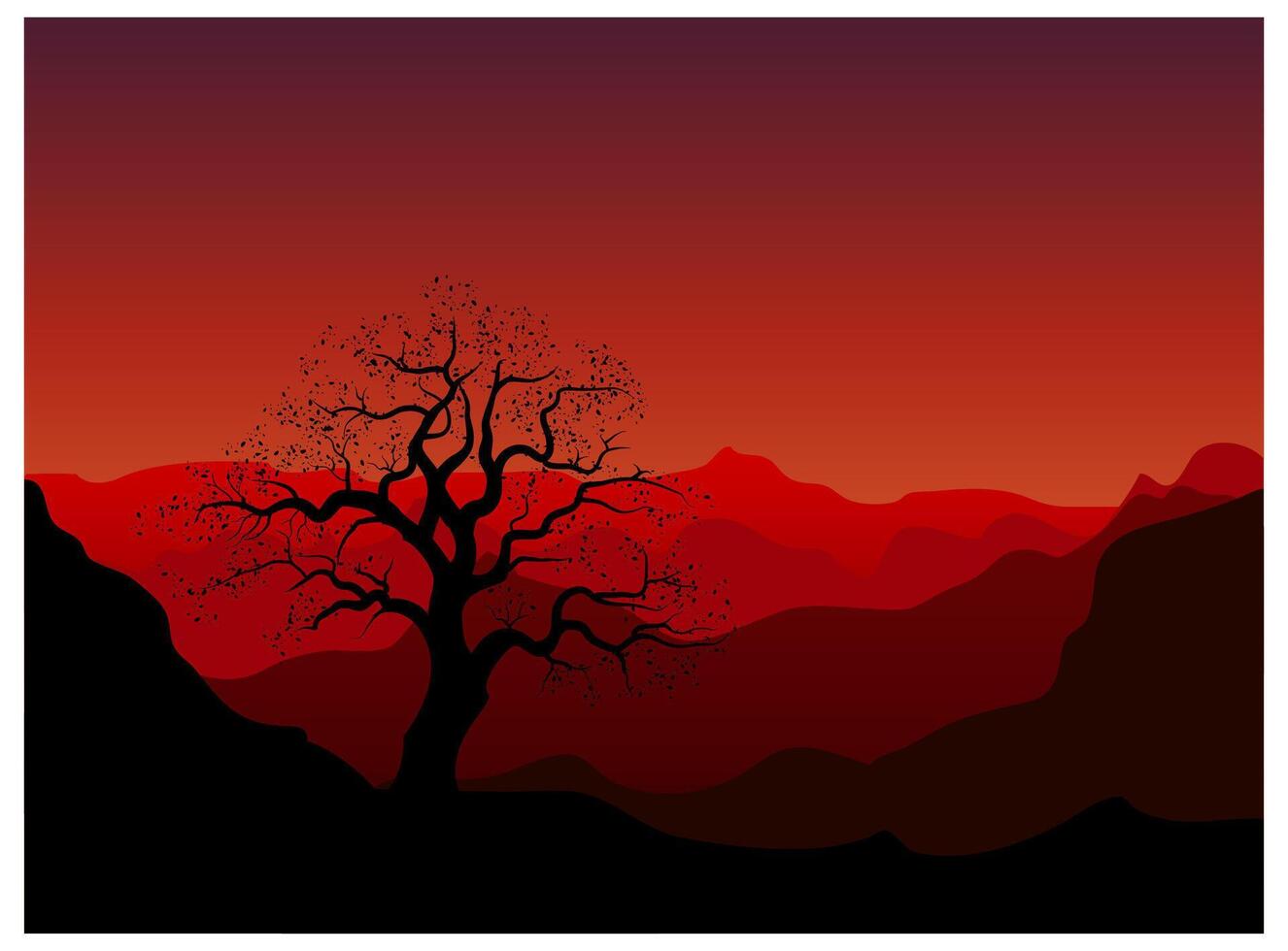 A tree in the mountains at sunset. vector