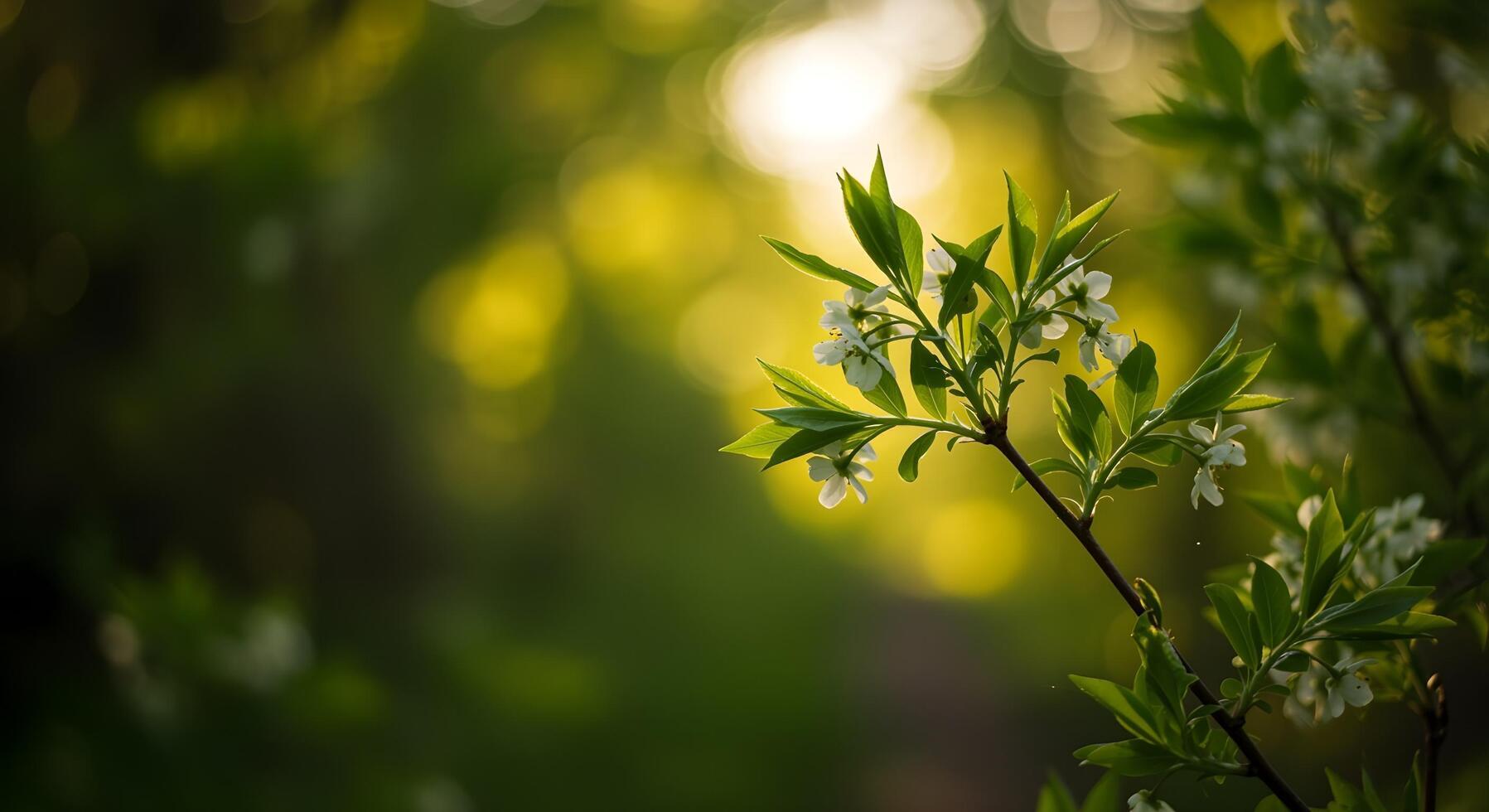 Beautiful branch with white flowers illuminated by soft sunlight in a tranquil forest setting during springtime photo