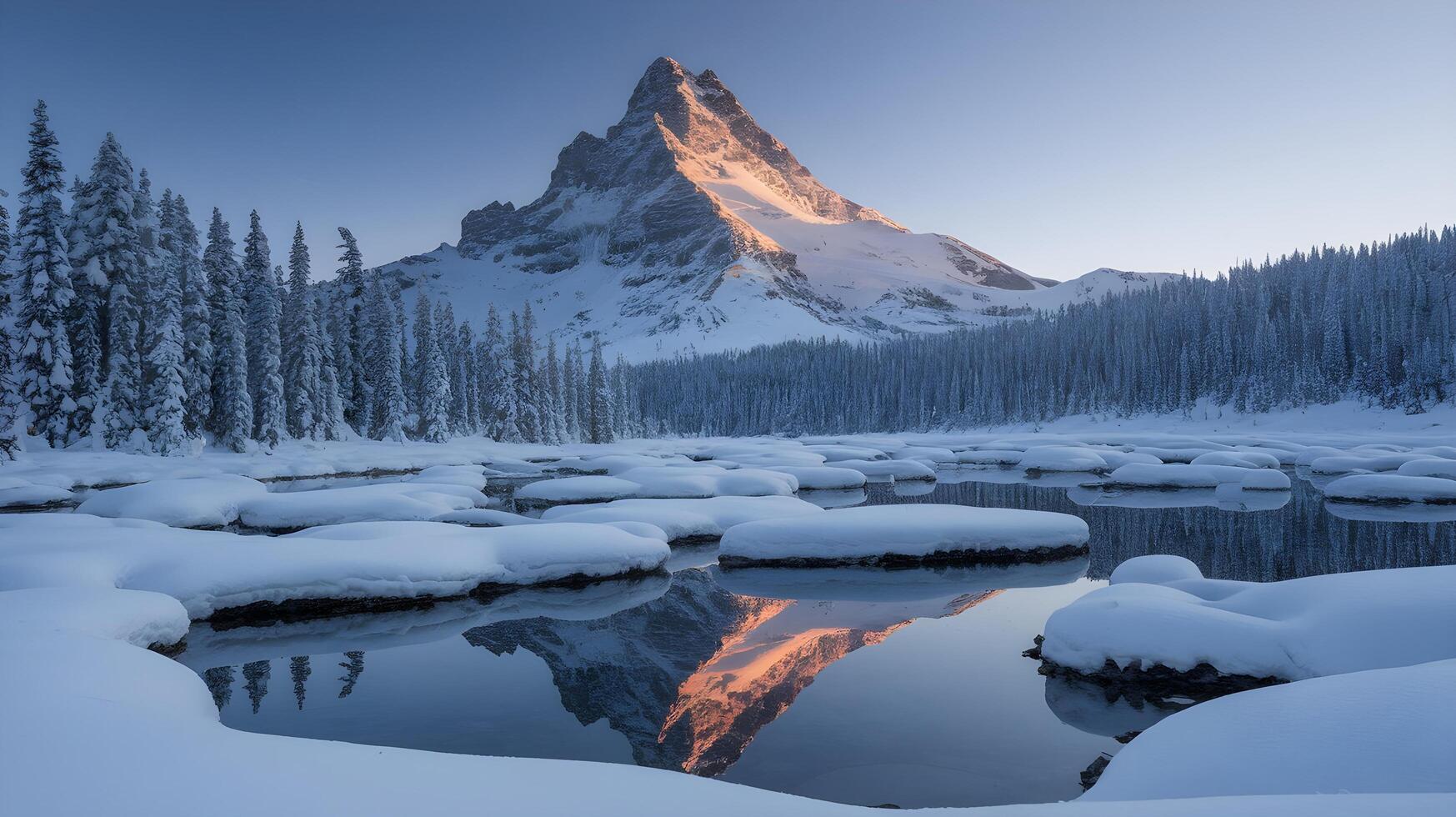 Winter wonderland with snow-covered mountains and a tranquil lake at dawn in a forest landscape photo