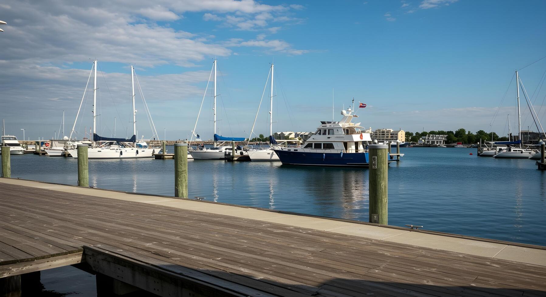 Scenic marina with docked boats under a clear blue sky in a coastal town photo