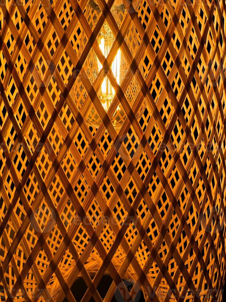 Unique woven light fixture creating warm ambiance in a cozy interior space photo