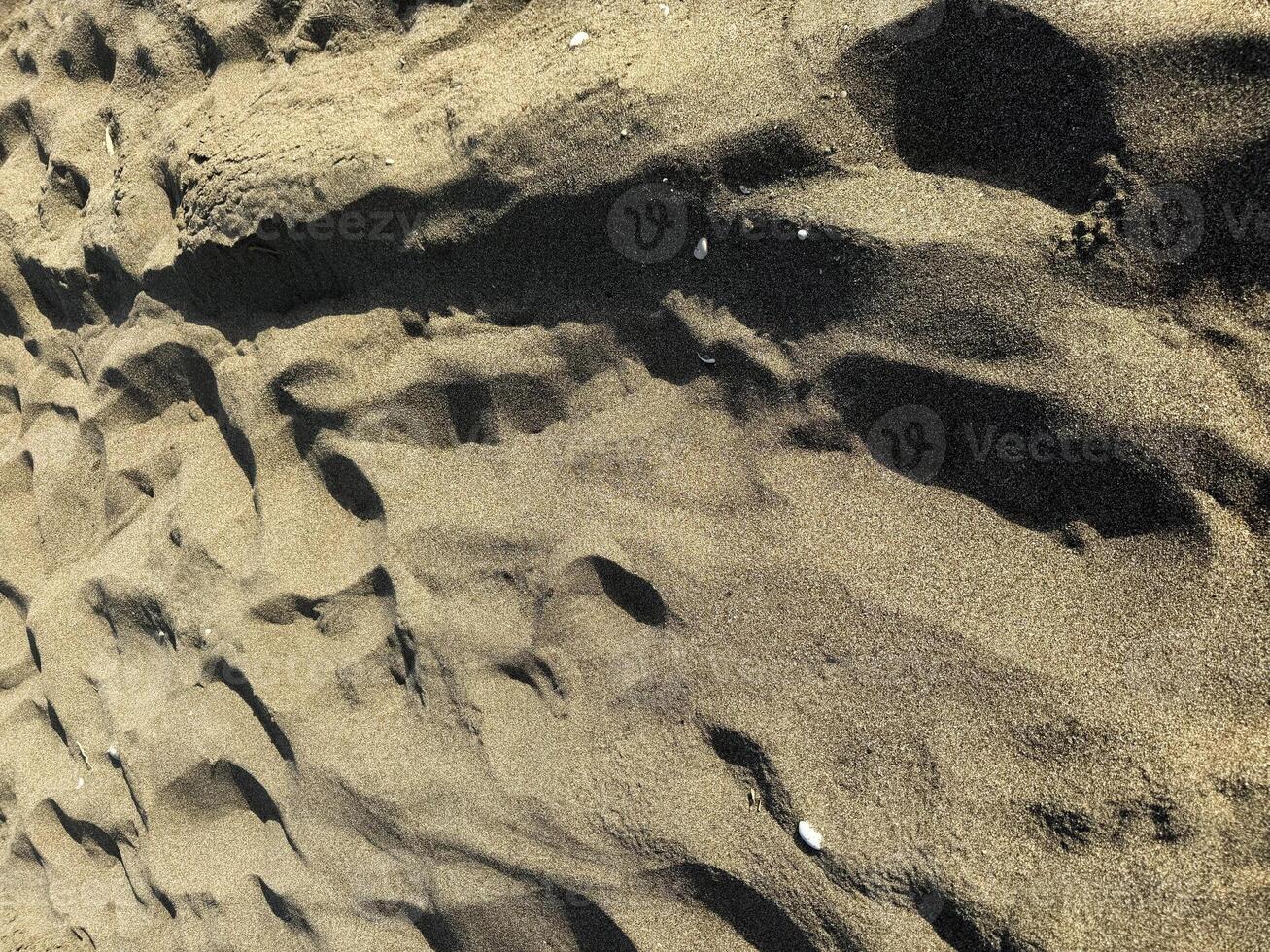 Detailed sand texture with shadows highlighting patterns on a beach shore during daytime photo