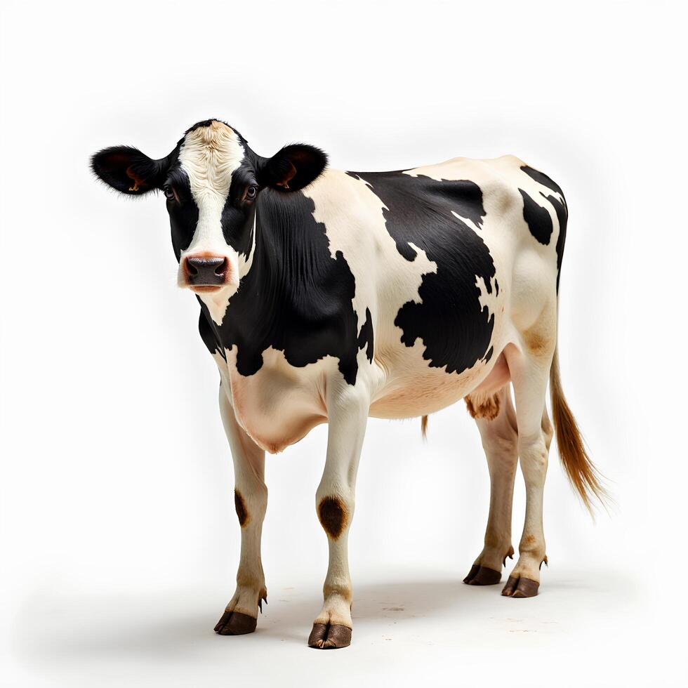 Black and White Dairy Cow Standing on White Background photo