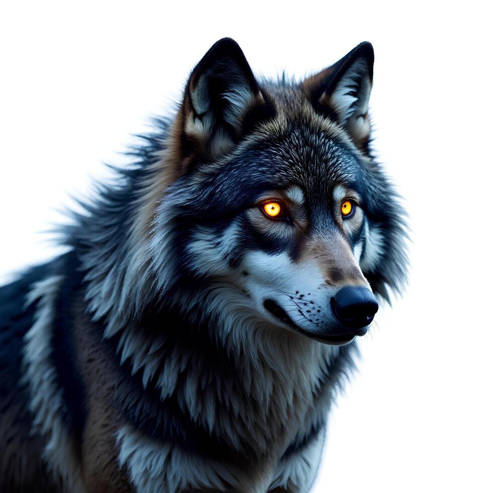 Majestic wolf with glowing eyes against a white background photo