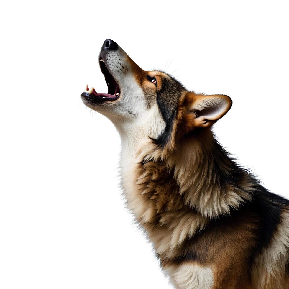 Majestic wolf howling against a serene forest backdrop at twilight photo