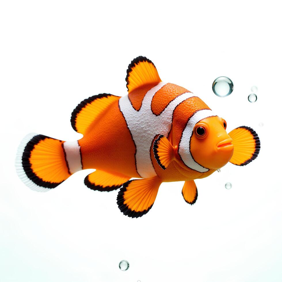 Colorful Clownfish Swimming in Clear Water with Bubbles Around photo