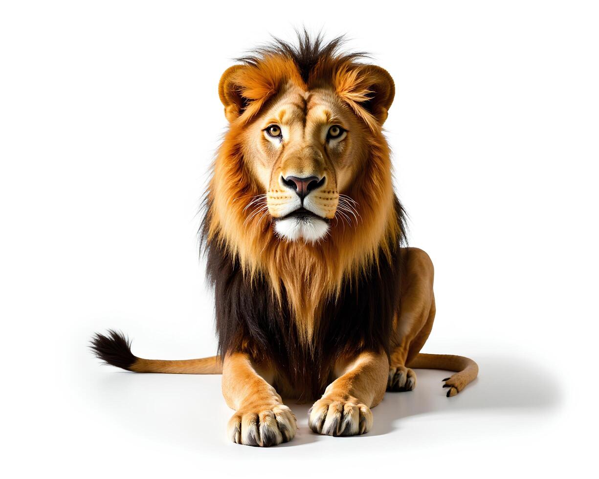 Majestic Lion Resting with Intense Gaze on White Background photo