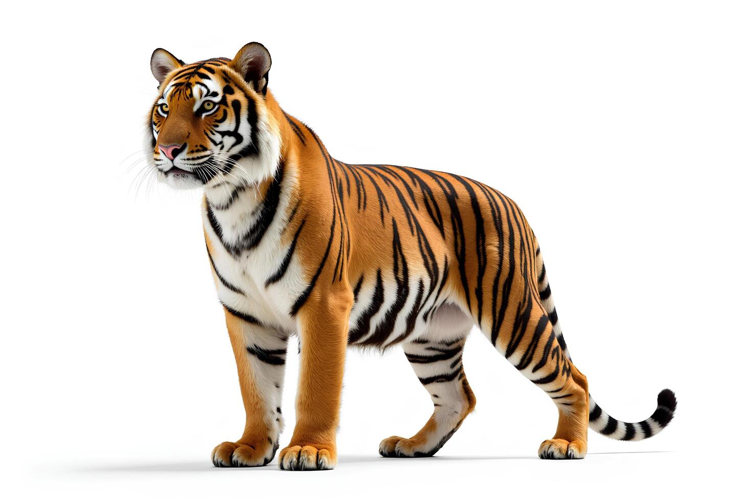 Lifelike Tiger Standing Gracefully on White Background photo