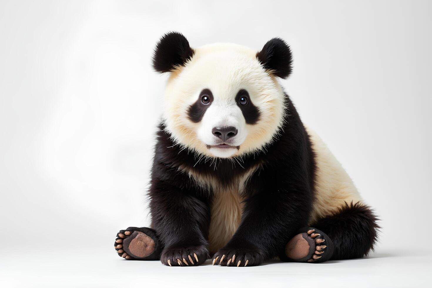 Adorable Panda Cub Sitting on White Background with Playful Expression photo