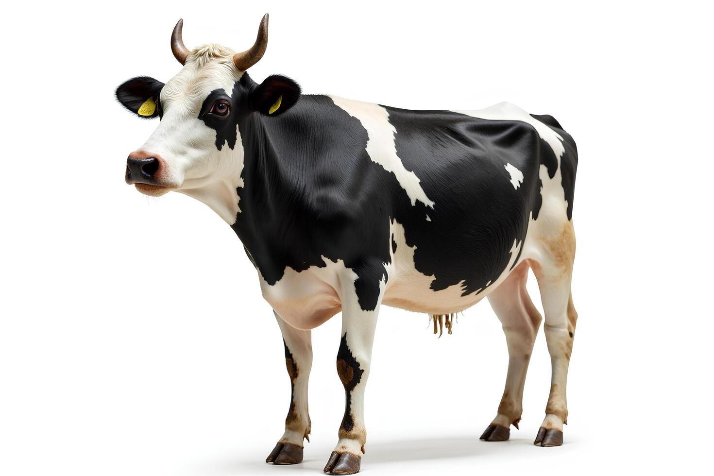 Realistic Black and White Dairy Cow Standing on White Background photo