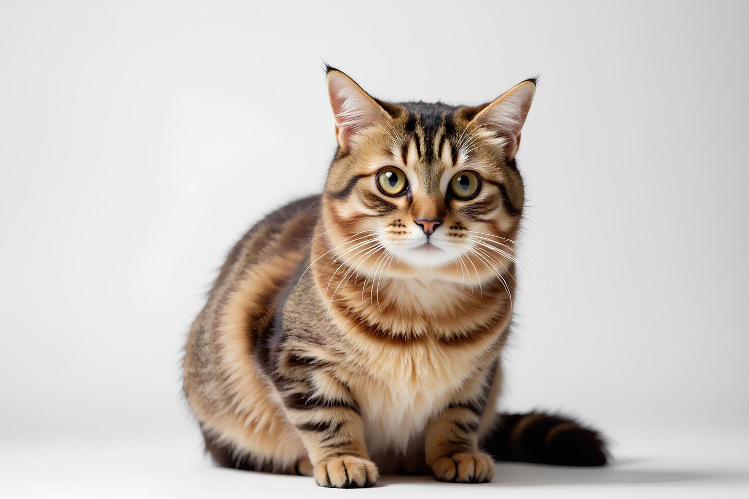 Cute domestic cat with distinct stripes and large expressive eyes photo