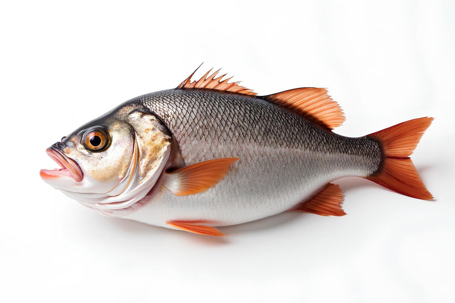 Freshwater Fish with Vibrant Fins and Detailed Scales on White Background photo
